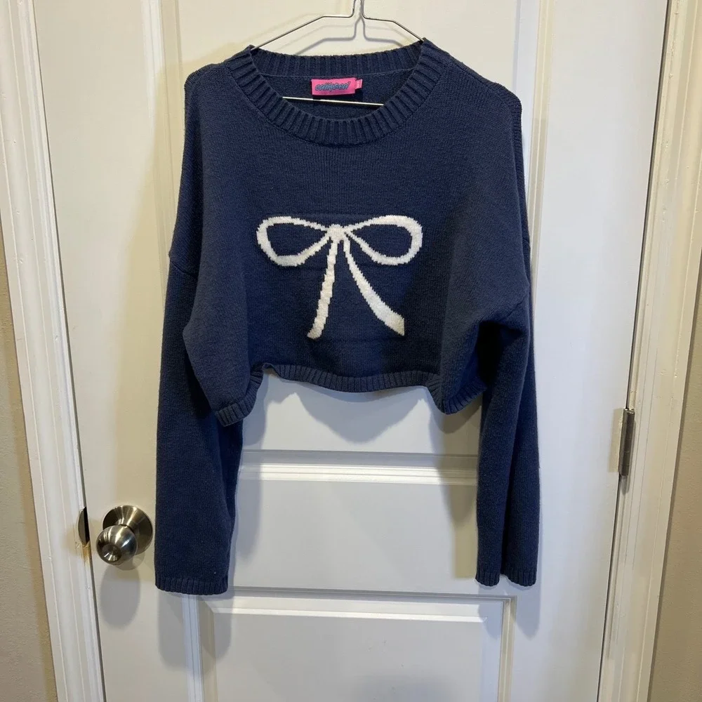 Edikted Womens Sweater Graphic Bow Cropped‎ Navy Blue XS/S
